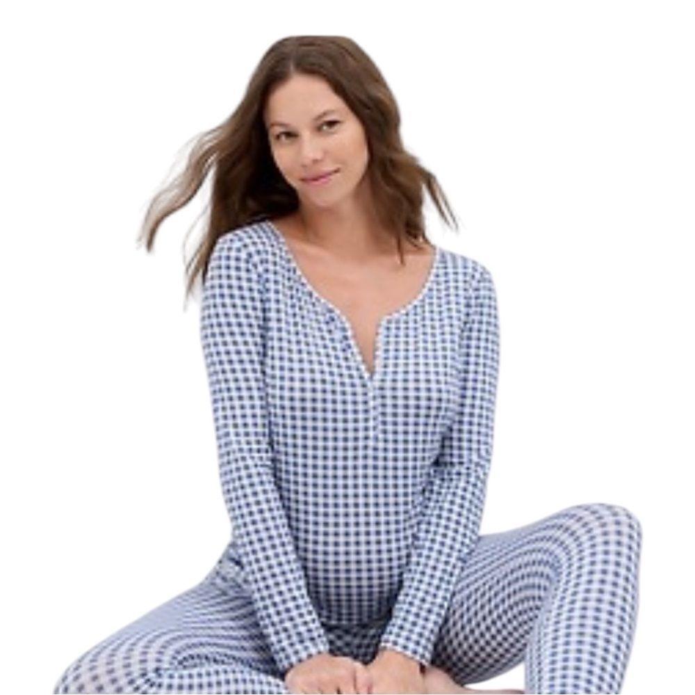 Gap Maternity Modal Henley Pajama Top Blue Gingham Stretch XXS NWOT